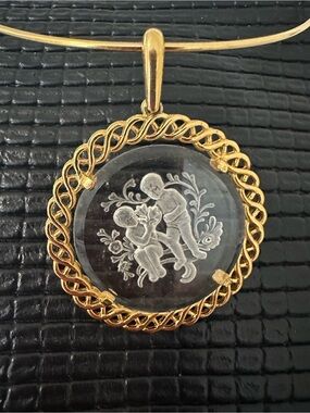 1970’s Vintage Crown Trifari Gold-Tone Pendant Necklace Cherub Motif